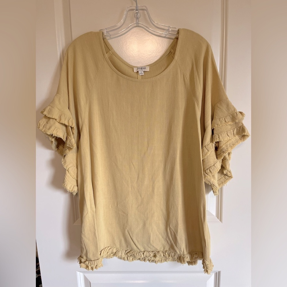 Umgee Top Womens M Yellow Flowy Linen Blend Layered Raw Hem Sleeve Coastal Boho